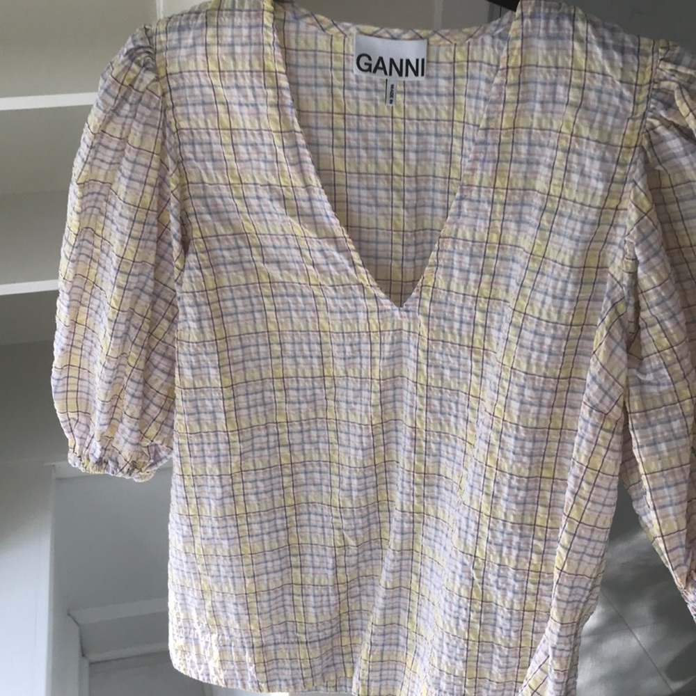 Ganni Seersucker Puff Sleeve Top